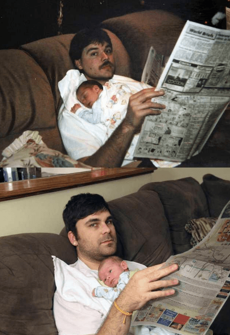 Fotografía generacional: Un nuevo padre recrea la misma foto de él de bebé con su padre