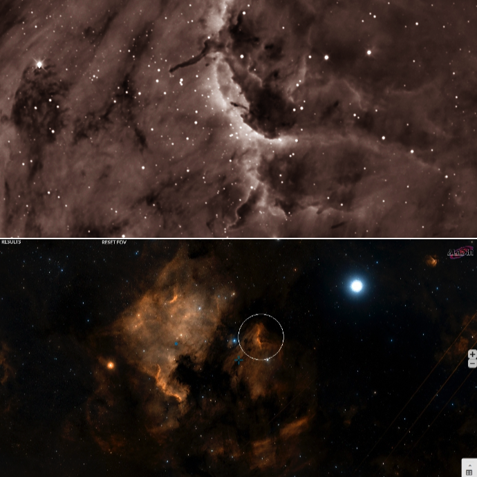 ) Detalle de la Nebulosa Pelícano.