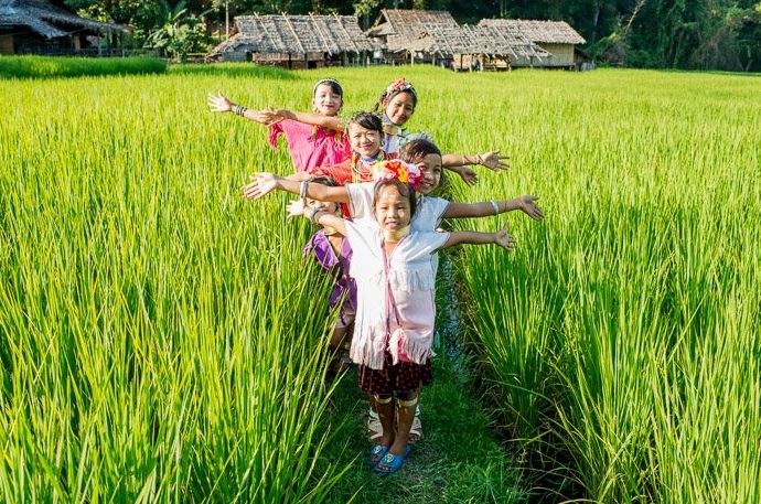 Fotografía con luz natural de un grupo de niños posando en un campo de arroz: el mejor momento para hacer fotos al aire libre