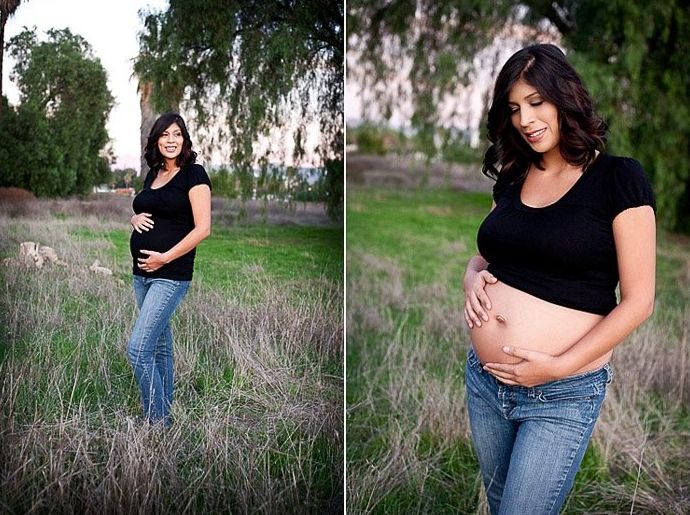 Díptico Retrato de una mujer embarazada al aire libre en varias poses de fotografía de embarazo