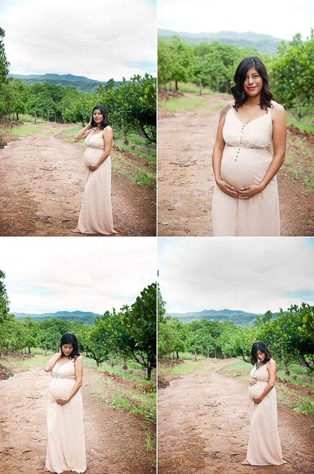 4 cuadrículas de fotos de una mujer en varias poses de embarazo al aire libre en un paisaje natural