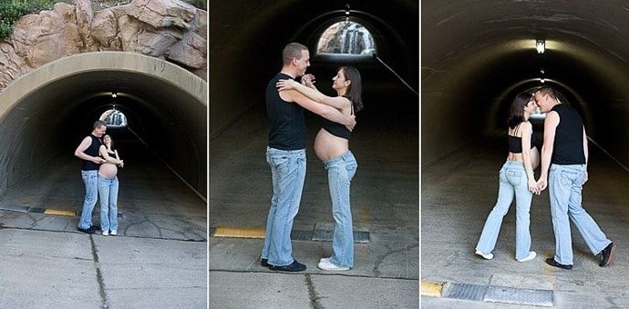 Retrato tríptico de una pareja posando al aire libre junto a un túnel de carretera para una sesión de fotos de maternidad