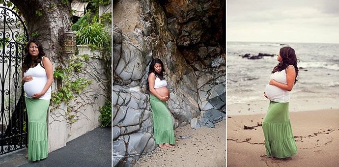 Tríptico retrato de una mujer en varias poses de fotografía de embarazo al aire libre en un paisaje natural