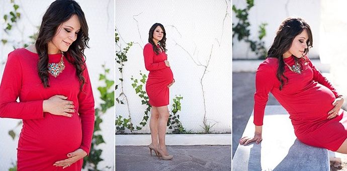 Fotografía tríptico de una mujer embarazada en rojo en varias poses de fotografía de embarazo