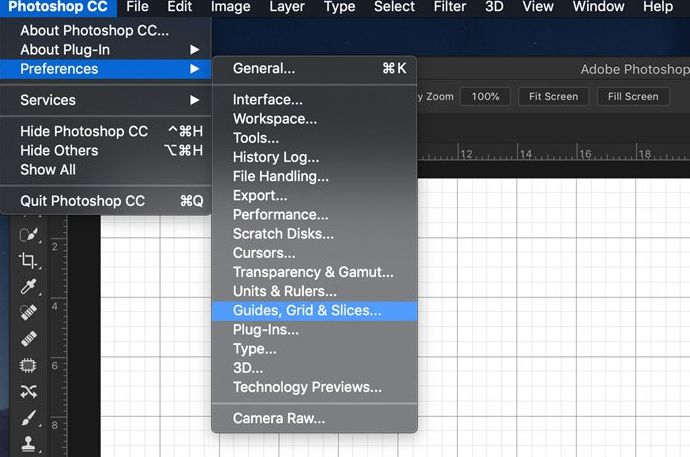 Una captura de pantalla que muestra cómo seleccionar la configuración de cuadrícula, guía y división en Photoshop