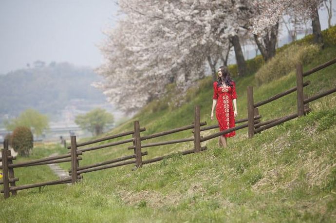 Una modelo femenina con un vestido rojo caminando por campos rurales - regla de la fotografía espacial